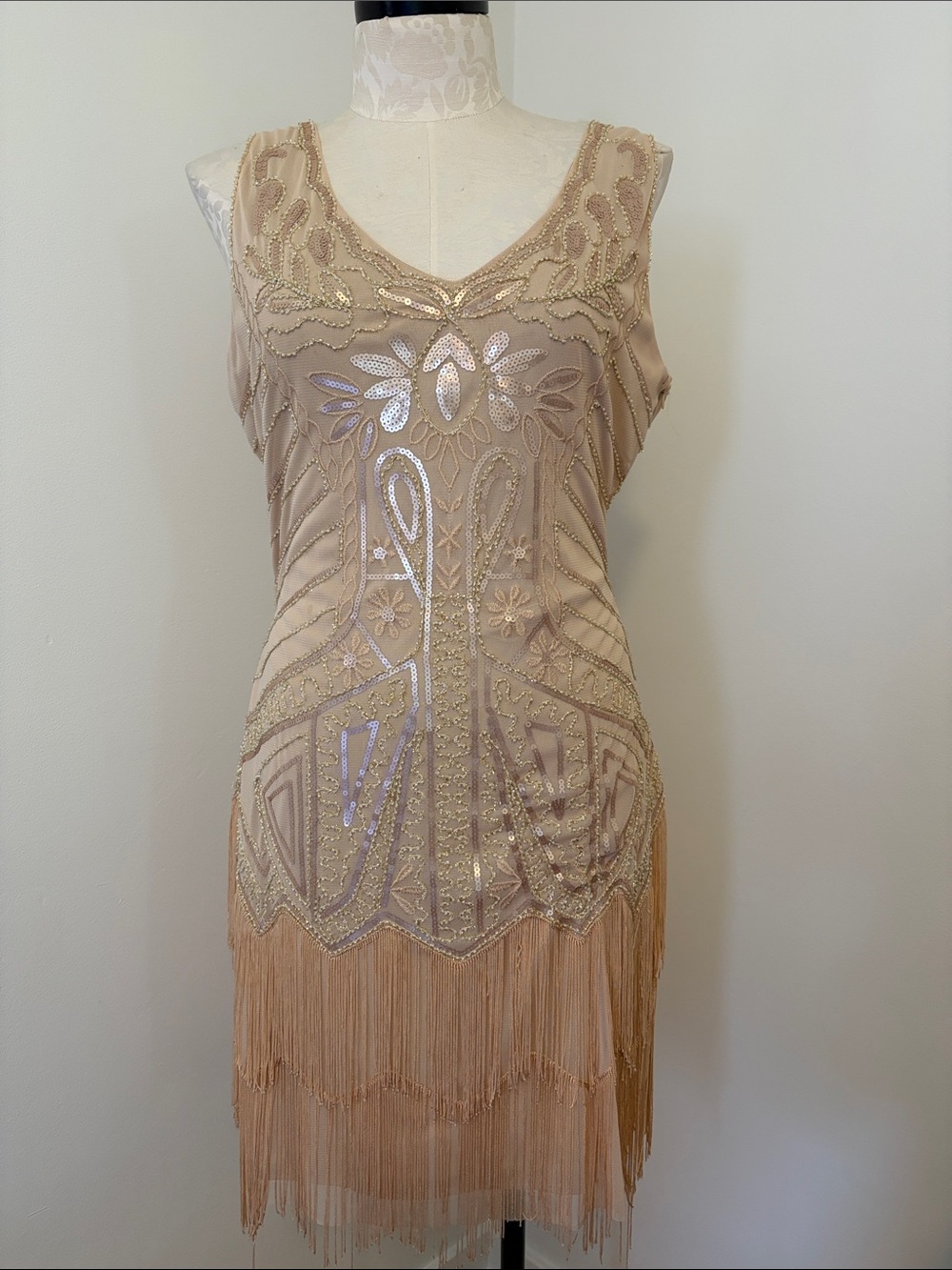 Embellished Beige Fringe Flapper Dress 30’s inspired women’s size XXL